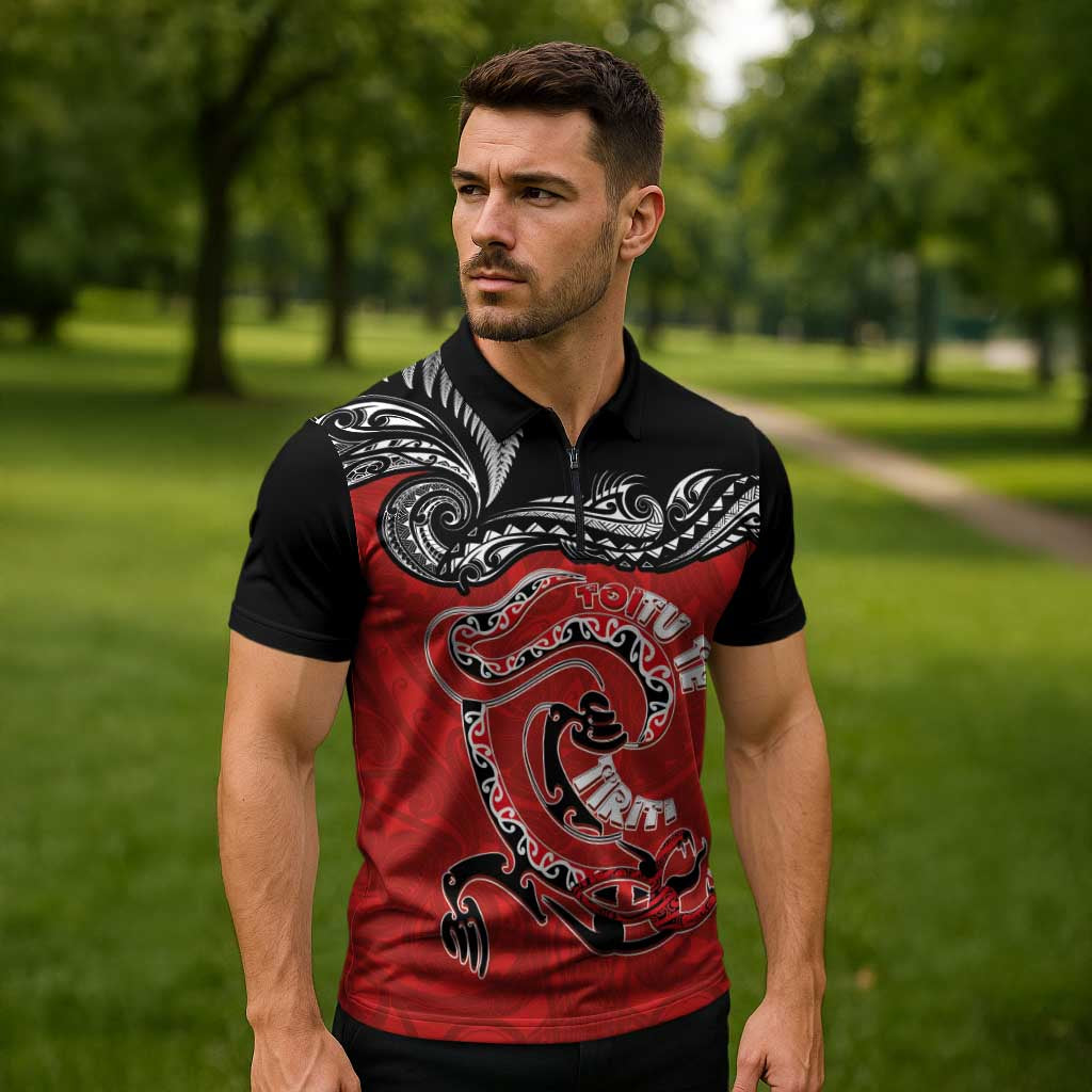 Personalised Aotearoa Toitu Te Tiriti Zipper Polo Shirt Taniwha Tribal Motifs