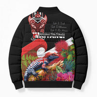 Aotearoa Toitu Te Tiriti Bomber Puffer Jacket Waitangi-Honour The Treaty NZ Tuatara and Plants
