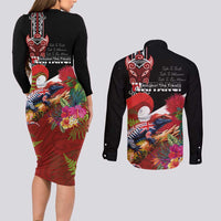 Aotearoa Toitu Te Tiriti Couples Matching Long Sleeve Bodycon Dress and Long Sleeve Button Shirt Waitangi-Honour The Treaty NZ Tuatara and Plants LT03 - Polynesian Pride