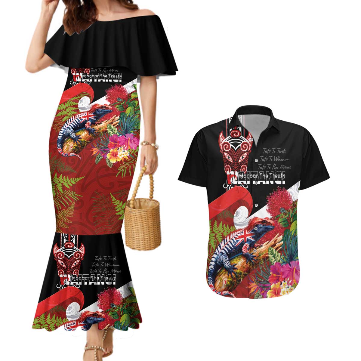 Aotearoa Toitu Te Tiriti Couples Matching Mermaid Dress and Hawaiian Shirt Waitangi-Honour The Treaty NZ Tuatara and Plants LT03 Multicolor - Polynesian Pride