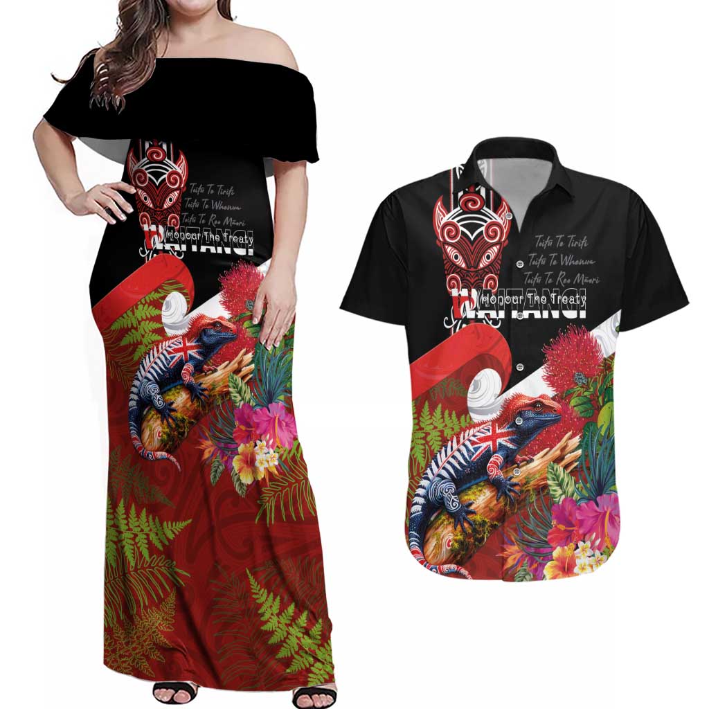 Aotearoa Toitu Te Tiriti Couples Matching Off Shoulder Maxi Dress and Hawaiian Shirt Waitangi-Honour The Treaty NZ Tuatara and Plants LT03 Multicolor - Polynesian Pride
