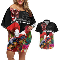Aotearoa Toitu Te Tiriti Couples Matching Off Shoulder Short Dress and Hawaiian Shirt Waitangi-Honour The Treaty NZ Tuatara and Plants LT03 Multicolor - Polynesian Pride
