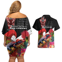 Aotearoa Toitu Te Tiriti Couples Matching Off Shoulder Short Dress and Hawaiian Shirt Waitangi-Honour The Treaty NZ Tuatara and Plants LT03 - Polynesian Pride