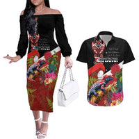 Aotearoa Toitu Te Tiriti Couples Matching Off The Shoulder Long Sleeve Dress and Hawaiian Shirt Waitangi-Honour The Treaty NZ Tuatara and Plants LT03 Multicolor - Polynesian Pride