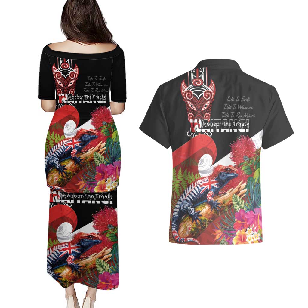 Aotearoa Toitu Te Tiriti Couples Matching Puletasi and Hawaiian Shirt Waitangi-Honour The Treaty NZ Tuatara and Plants LT03 - Polynesian Pride