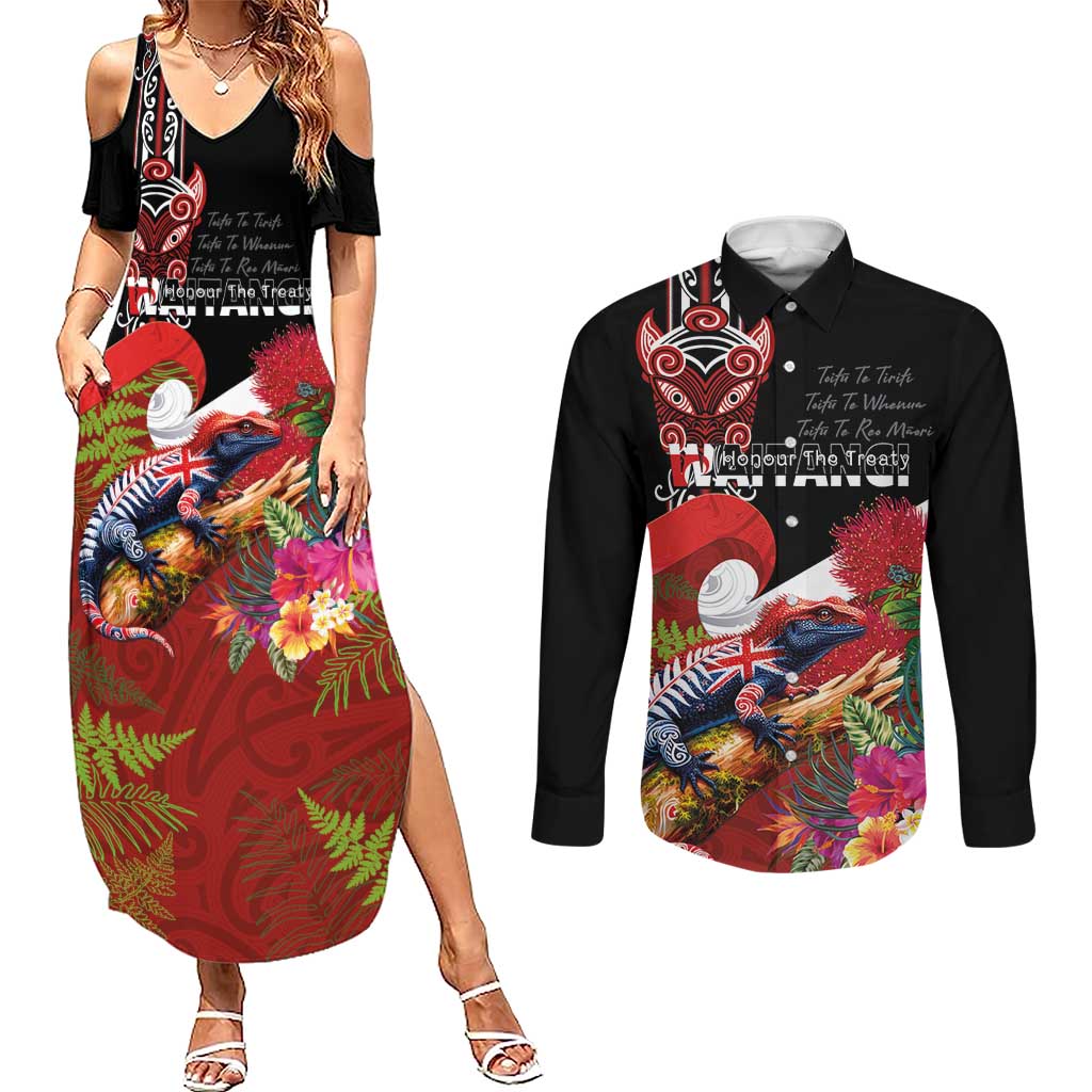Aotearoa Toitu Te Tiriti Couples Matching Summer Maxi Dress and Long Sleeve Button Shirt Waitangi-Honour The Treaty NZ Tuatara and Plants LT03 Multicolor - Polynesian Pride