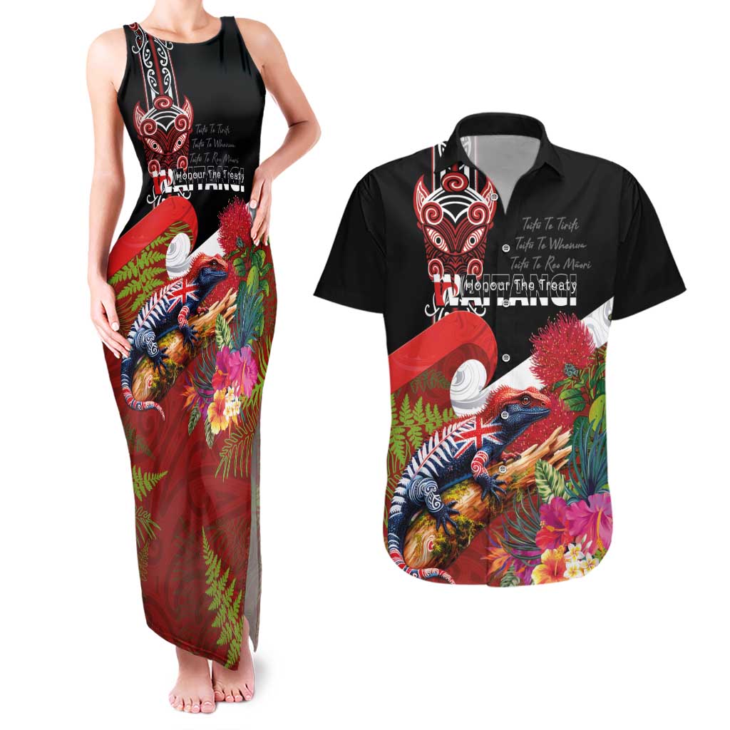 Aotearoa Toitu Te Tiriti Couples Matching Tank Maxi Dress and Hawaiian Shirt Waitangi-Honour The Treaty NZ Tuatara and Plants LT03 Multicolor - Polynesian Pride