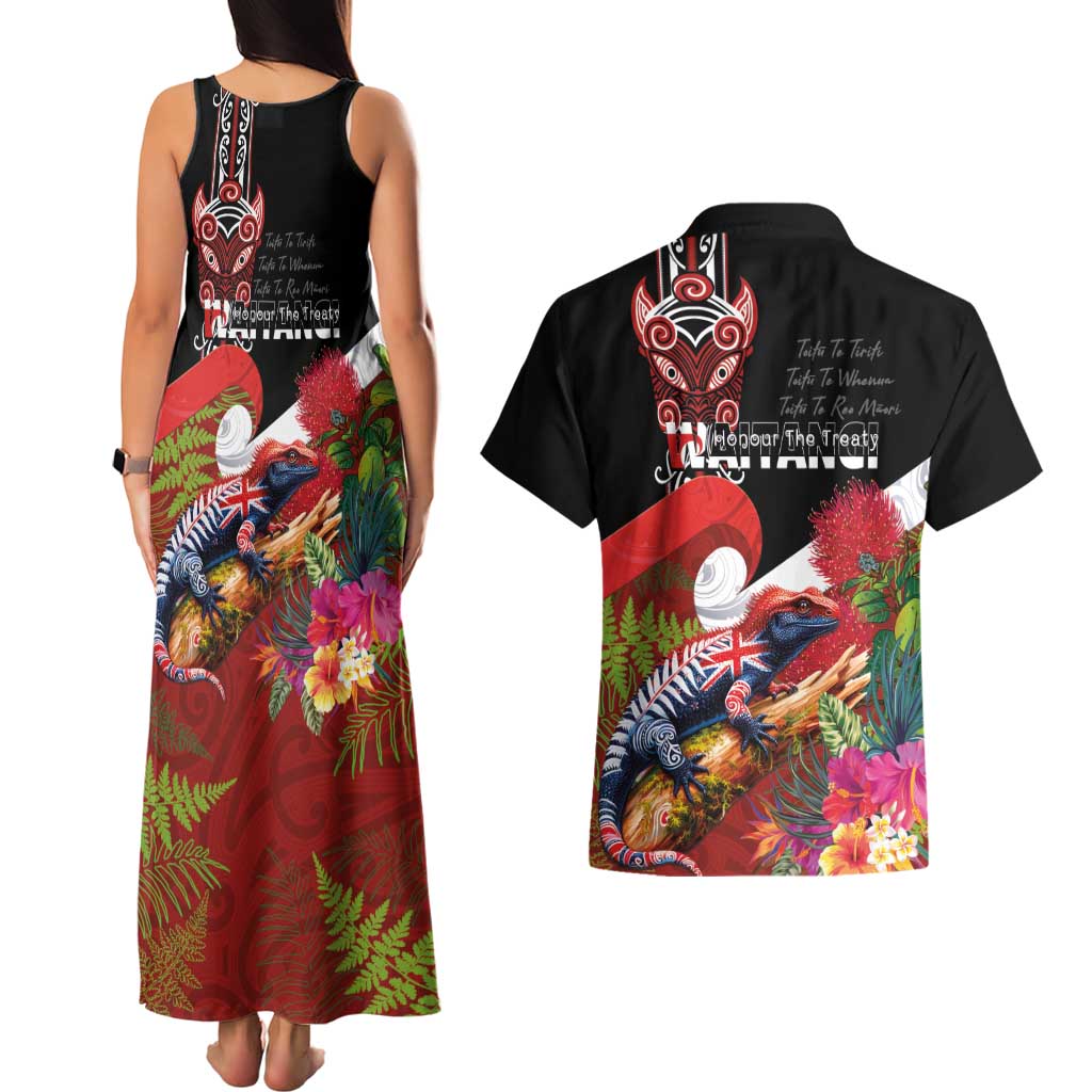 Aotearoa Toitu Te Tiriti Couples Matching Tank Maxi Dress and Hawaiian Shirt Waitangi-Honour The Treaty NZ Tuatara and Plants LT03 - Polynesian Pride