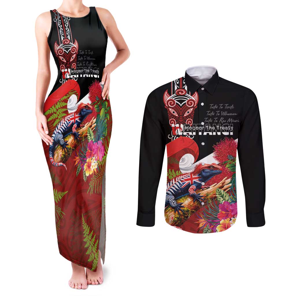 Aotearoa Toitu Te Tiriti Couples Matching Tank Maxi Dress and Long Sleeve Button Shirt Waitangi-Honour The Treaty NZ Tuatara and Plants