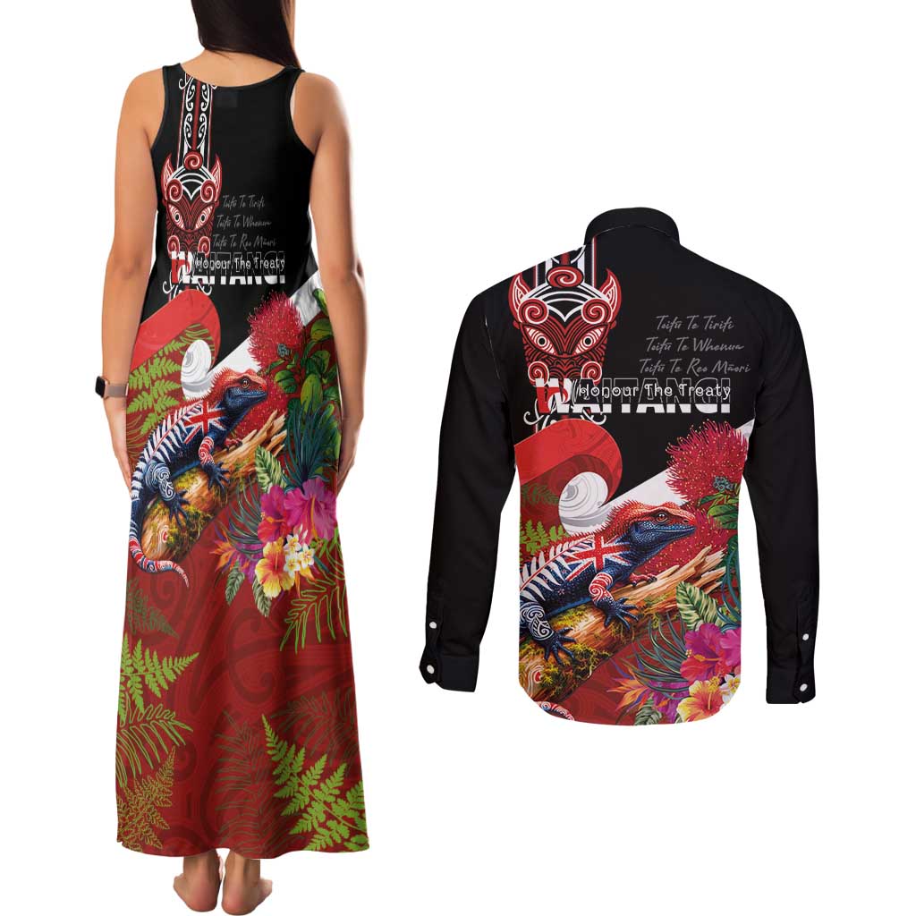 Aotearoa Toitu Te Tiriti Couples Matching Tank Maxi Dress and Long Sleeve Button Shirt Waitangi-Honour The Treaty NZ Tuatara and Plants LT03 - Polynesian Pride