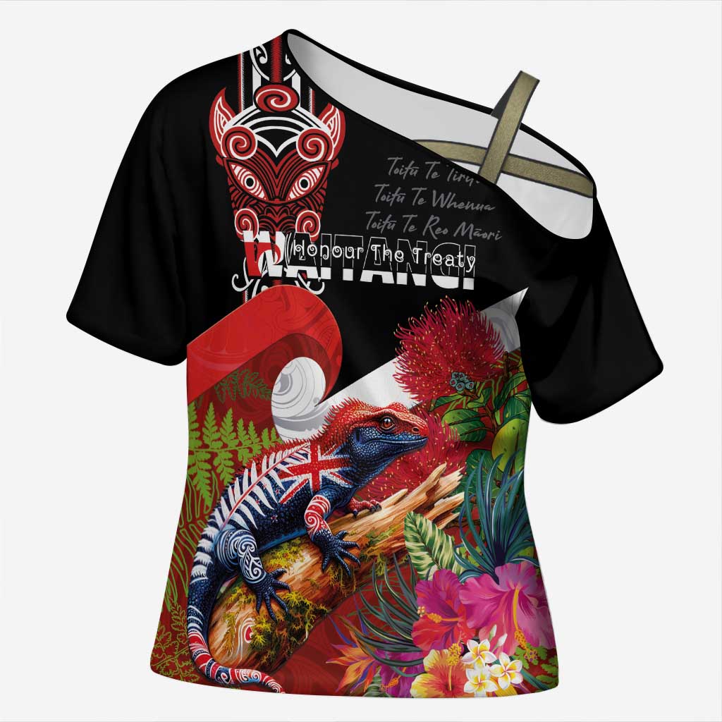 Aotearoa Toitu Te Tiriti Cross Shoulder Shirt Waitangi-Honour The Treaty NZ Tuatara and Plants