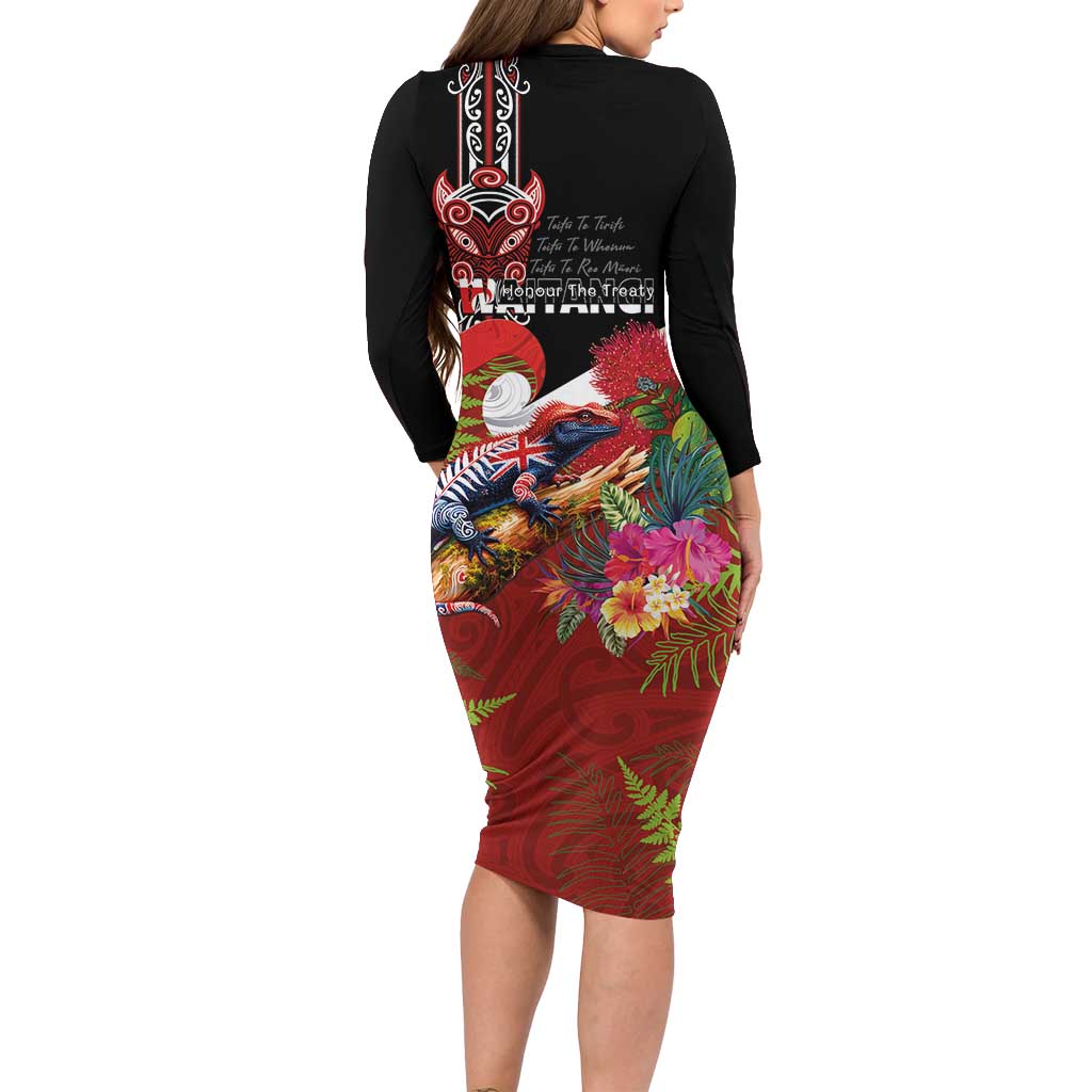 Aotearoa Toitu Te Tiriti Family Matching Long Sleeve Bodycon Dress and Hawaiian Shirt Waitangi-Honour The Treaty NZ Tuatara and Plants LT03 - Polynesian Pride