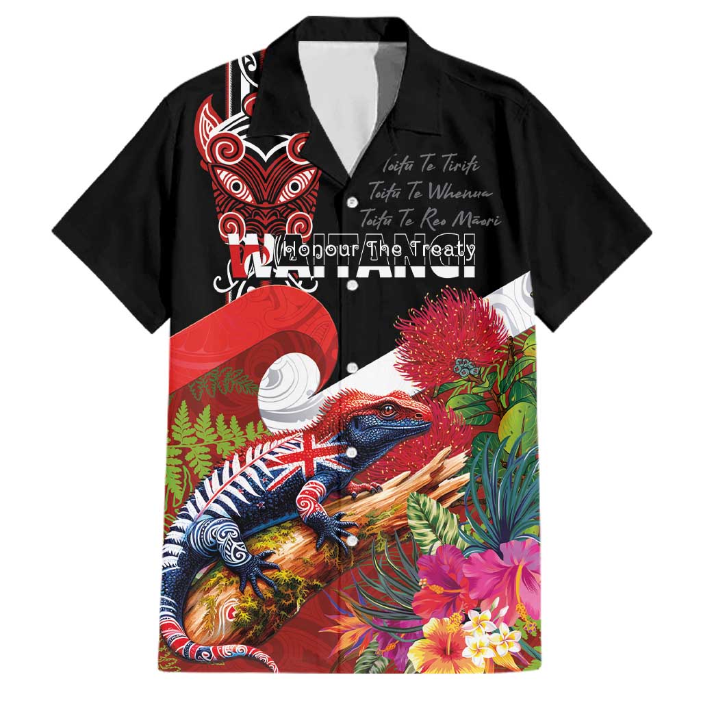 Aotearoa Toitu Te Tiriti Family Matching Off The Shoulder Long Sleeve Dress and Hawaiian Shirt Waitangi-Honour The Treaty NZ Tuatara and Plants LT03 Dad's Shirt - Short Sleeve Multicolor - Polynesian Pride