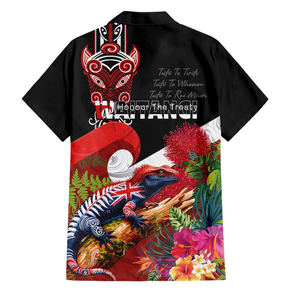Aotearoa Toitu Te Tiriti Family Matching Off The Shoulder Long Sleeve Dress and Hawaiian Shirt Waitangi-Honour The Treaty NZ Tuatara and Plants LT03 - Polynesian Pride