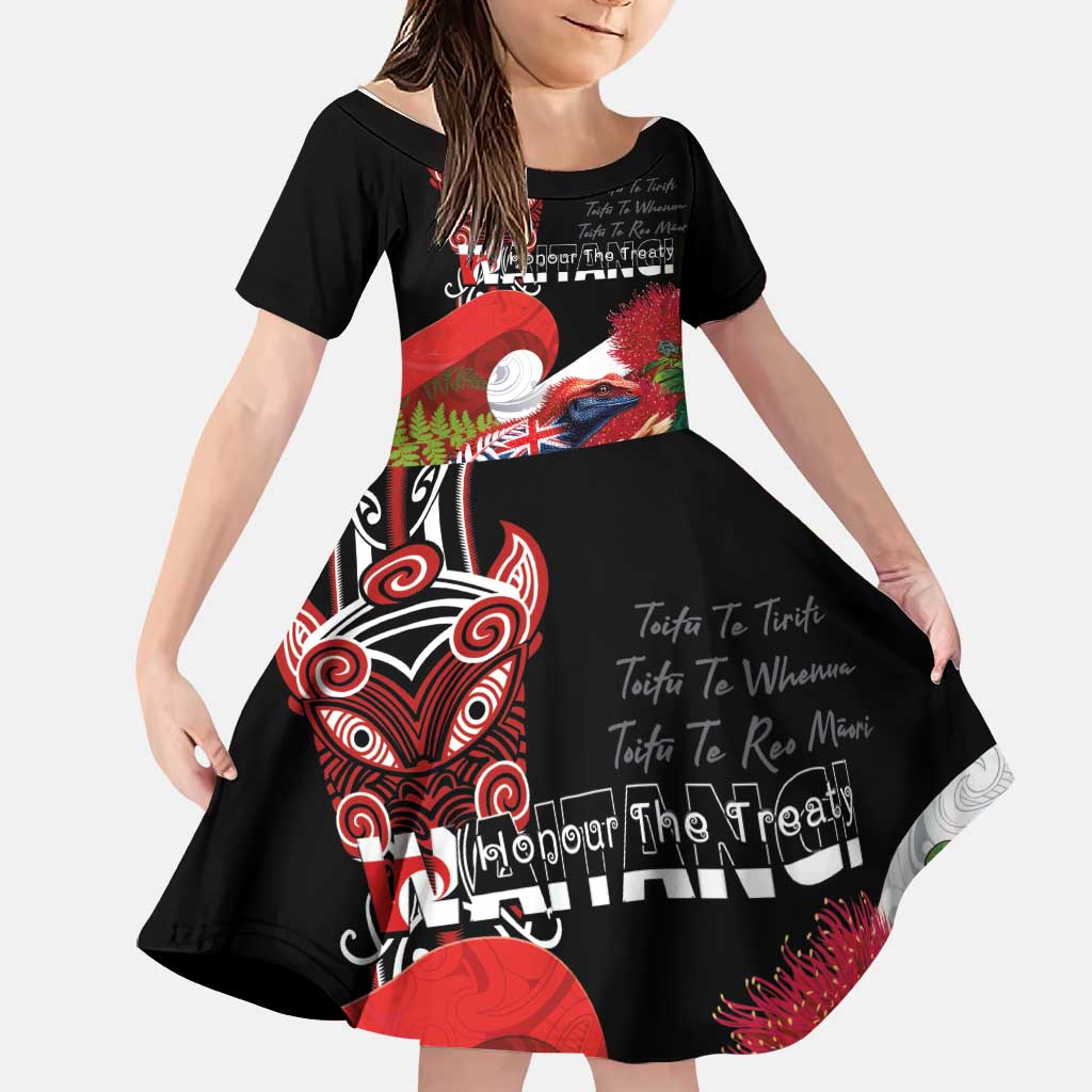 Aotearoa Toitu Te Tiriti Family Matching Off Shoulder Maxi Dress and Hawaiian Shirt Waitangi-Honour The Treaty NZ Tuatara and Plants LT03 Daughter's Dress Multicolor - Polynesian Pride