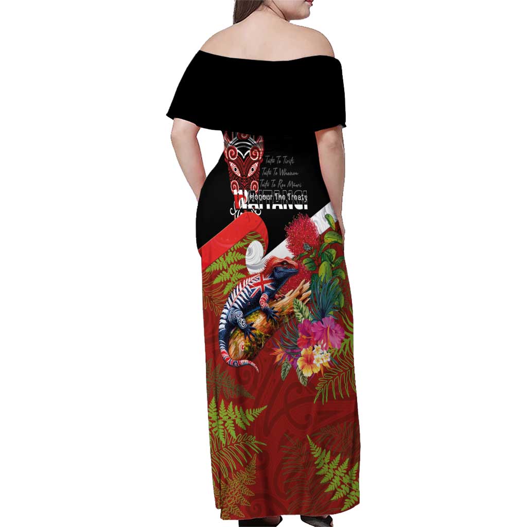 Aotearoa Toitu Te Tiriti Family Matching Off Shoulder Maxi Dress and Hawaiian Shirt Waitangi-Honour The Treaty NZ Tuatara and Plants LT03 - Polynesian Pride