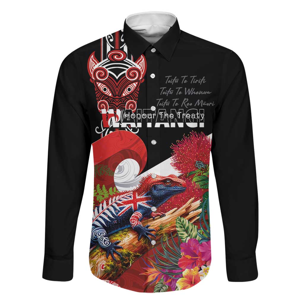 Aotearoa Toitu Te Tiriti Family Matching Off Shoulder Short Dress and Hawaiian Shirt Waitangi-Honour The Treaty NZ Tuatara and Plants LT03 Dad's Shirt - Long Sleeve Multicolor - Polynesian Pride