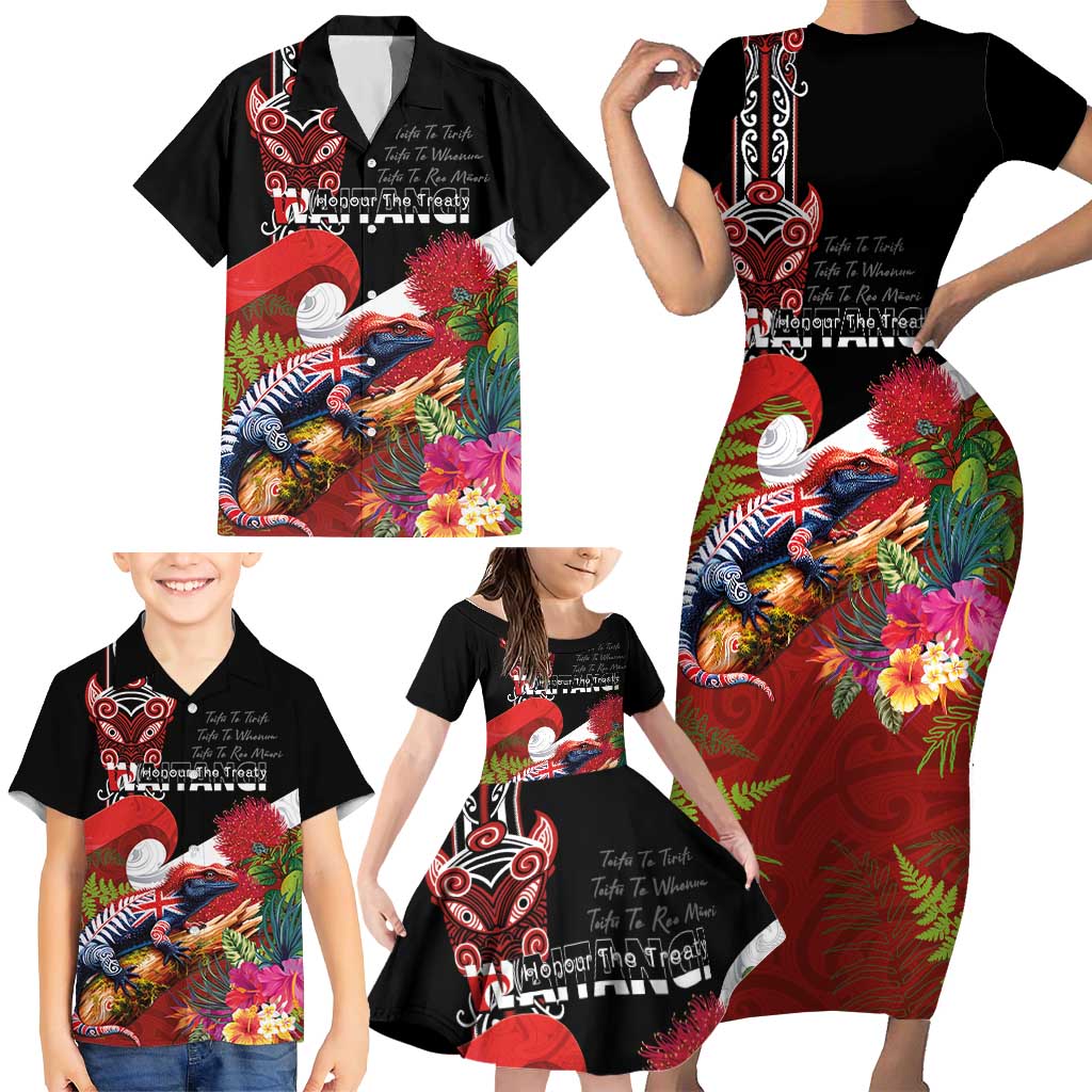 Aotearoa Toitu Te Tiriti Family Matching Short Sleeve Bodycon Dress and Hawaiian Shirt Waitangi-Honour The Treaty NZ Tuatara and Plants LT03 - Polynesian Pride