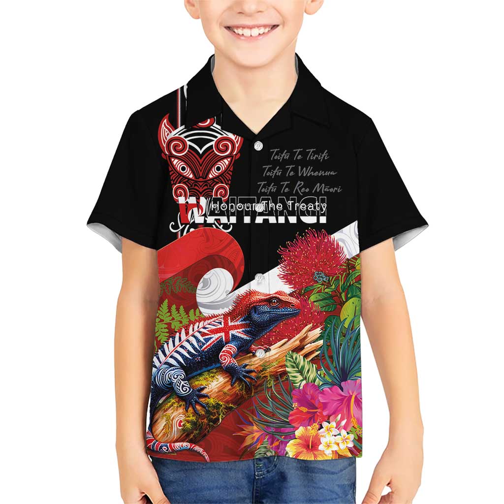 Aotearoa Toitu Te Tiriti Kid Hawaiian Shirt Waitangi-Honour The Treaty NZ Tuatara and Plants