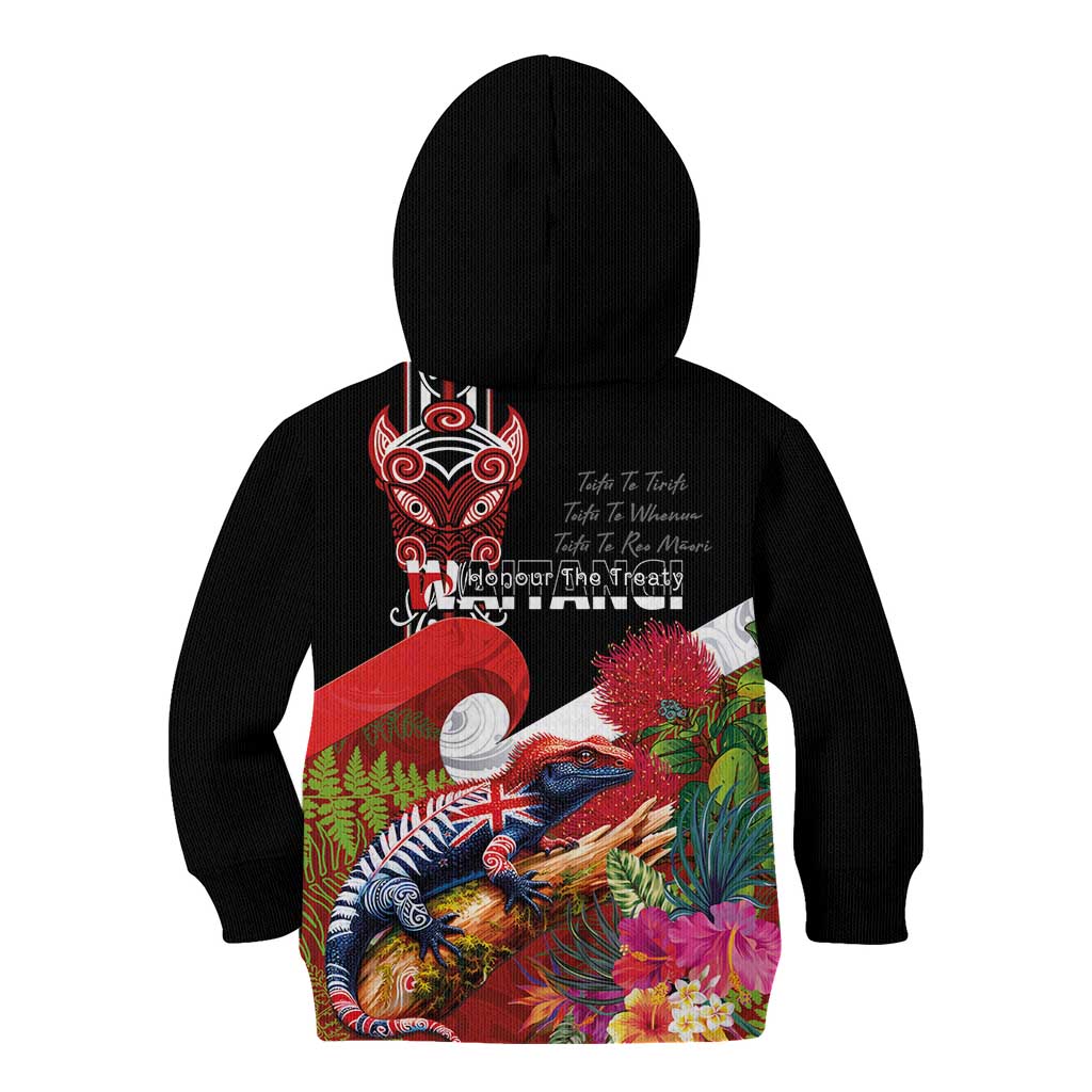 Aotearoa Toitu Te Tiriti Kid Hoodie Waitangi-Honour The Treaty NZ Tuatara and Plants LT03 - Polynesian Pride