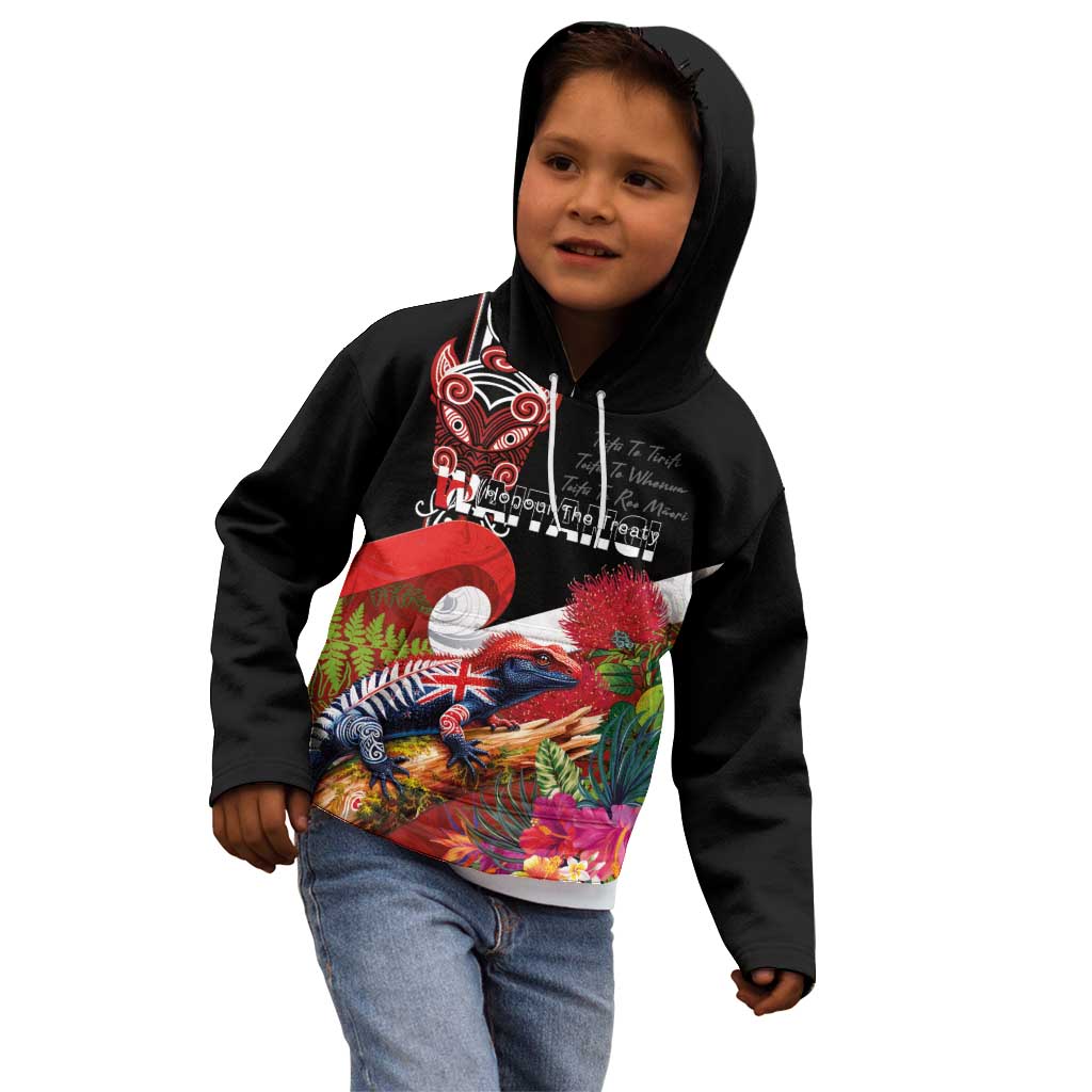 Aotearoa Toitu Te Tiriti Kid Hoodie Waitangi-Honour The Treaty NZ Tuatara and Plants LT03 - Polynesian Pride