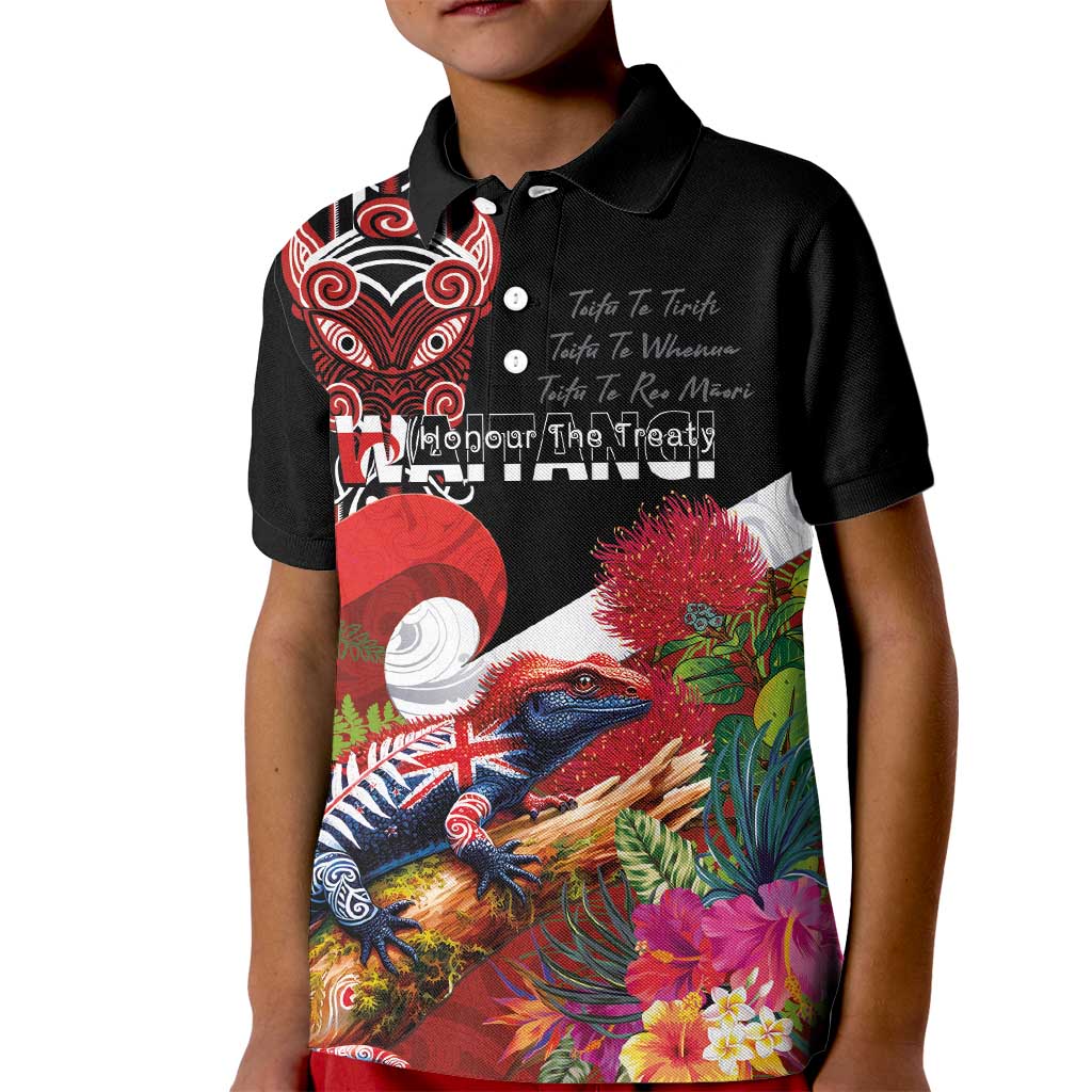 Aotearoa Toitu Te Tiriti Kid Polo Shirt Waitangi-Honour The Treaty NZ Tuatara and Plants LT03 Kid Multicolor - Polynesian Pride