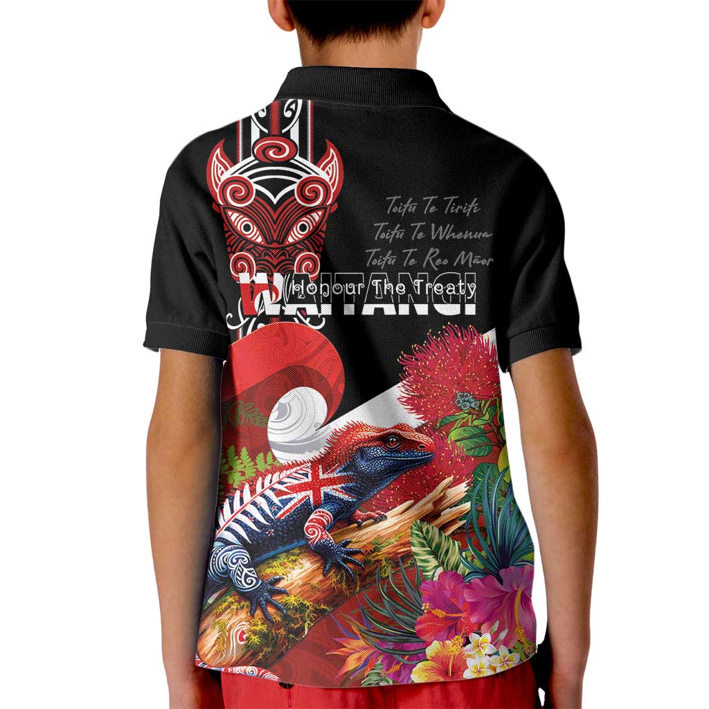 Aotearoa Toitu Te Tiriti Kid Polo Shirt Waitangi-Honour The Treaty NZ Tuatara and Plants LT03 - Polynesian Pride