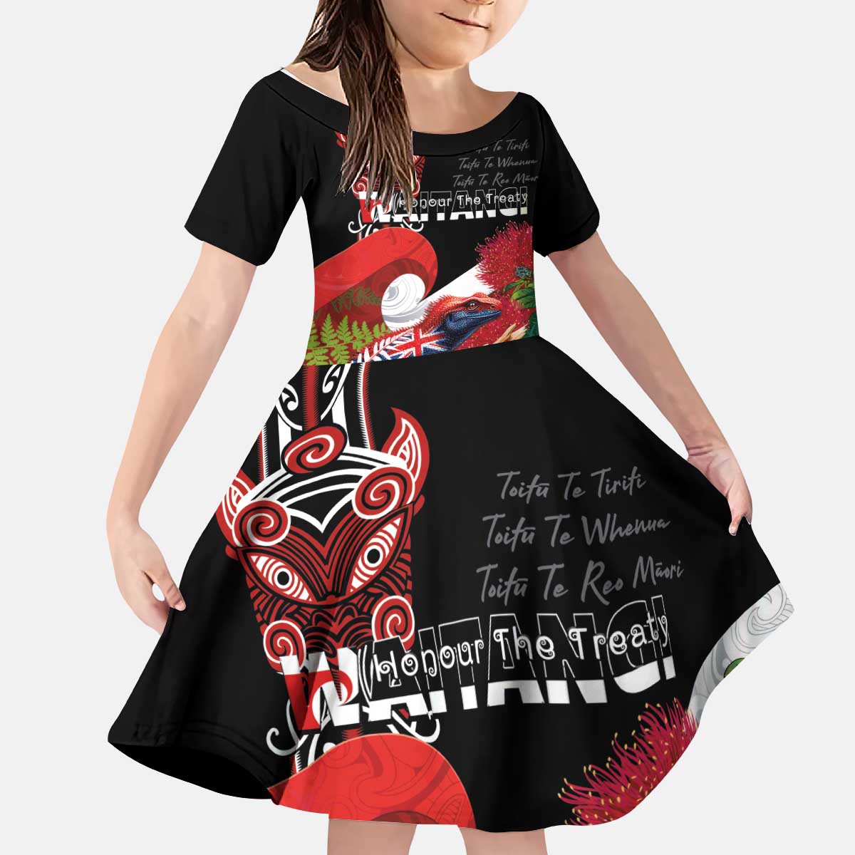 Aotearoa Toitu Te Tiriti Kid Short Sleeve Dress Waitangi-Honour The Treaty NZ Tuatara and Plants LT03 KID Multicolor - Polynesian Pride