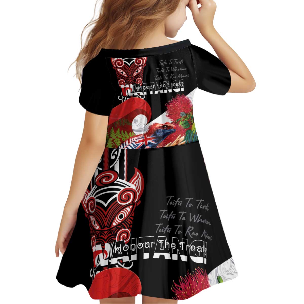 Aotearoa Toitu Te Tiriti Kid Short Sleeve Dress Waitangi-Honour The Treaty NZ Tuatara and Plants LT03 - Polynesian Pride