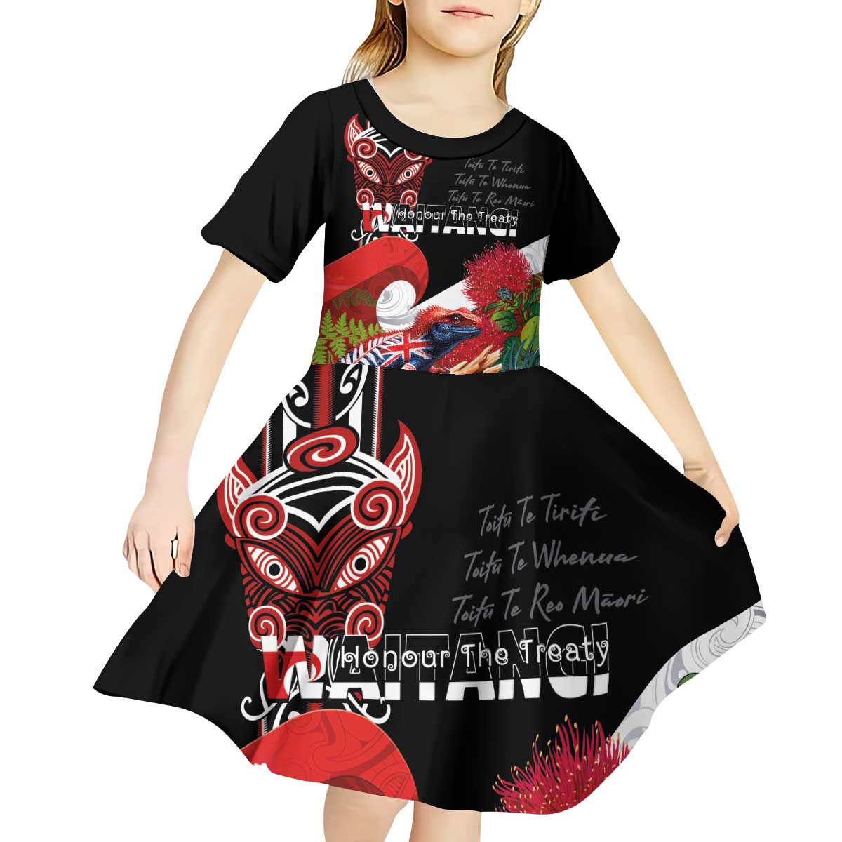 Aotearoa Toitu Te Tiriti Kid Short Sleeve Dress Waitangi-Honour The Treaty NZ Tuatara and Plants LT03 - Polynesian Pride