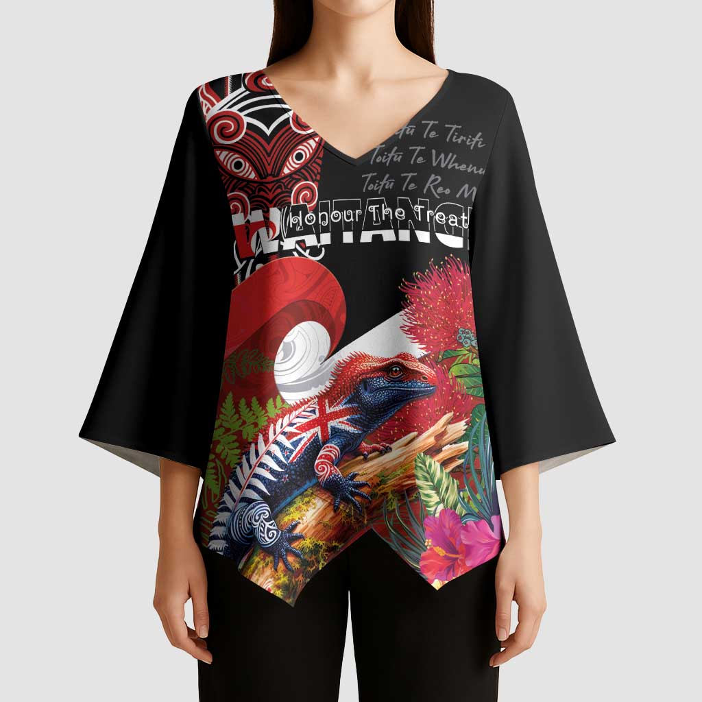 Aotearoa Toitu Te Tiriti Kimono Sleeve Blouse Waitangi-Honour The Treaty NZ Tuatara and Plants