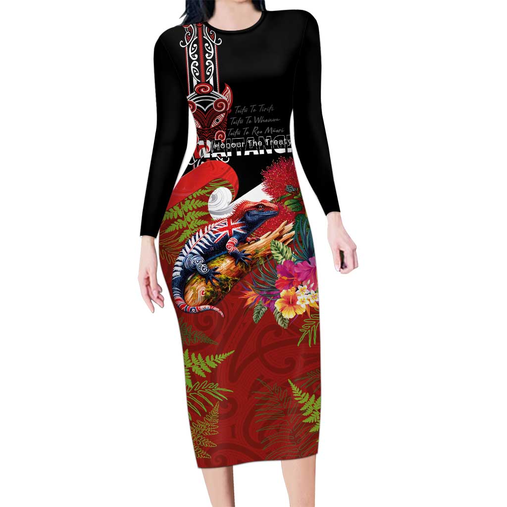Aotearoa Toitu Te Tiriti Long Sleeve Bodycon Dress Waitangi-Honour The Treaty NZ Tuatara and Plants LT03 Long Dress Multicolor - Polynesian Pride