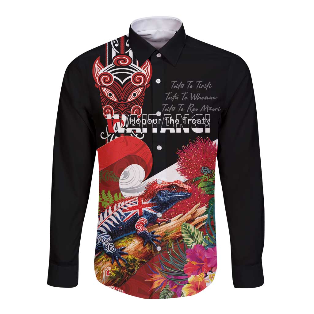Aotearoa Toitu Te Tiriti Long Sleeve Button Shirt Waitangi-Honour The Treaty NZ Tuatara and Plants