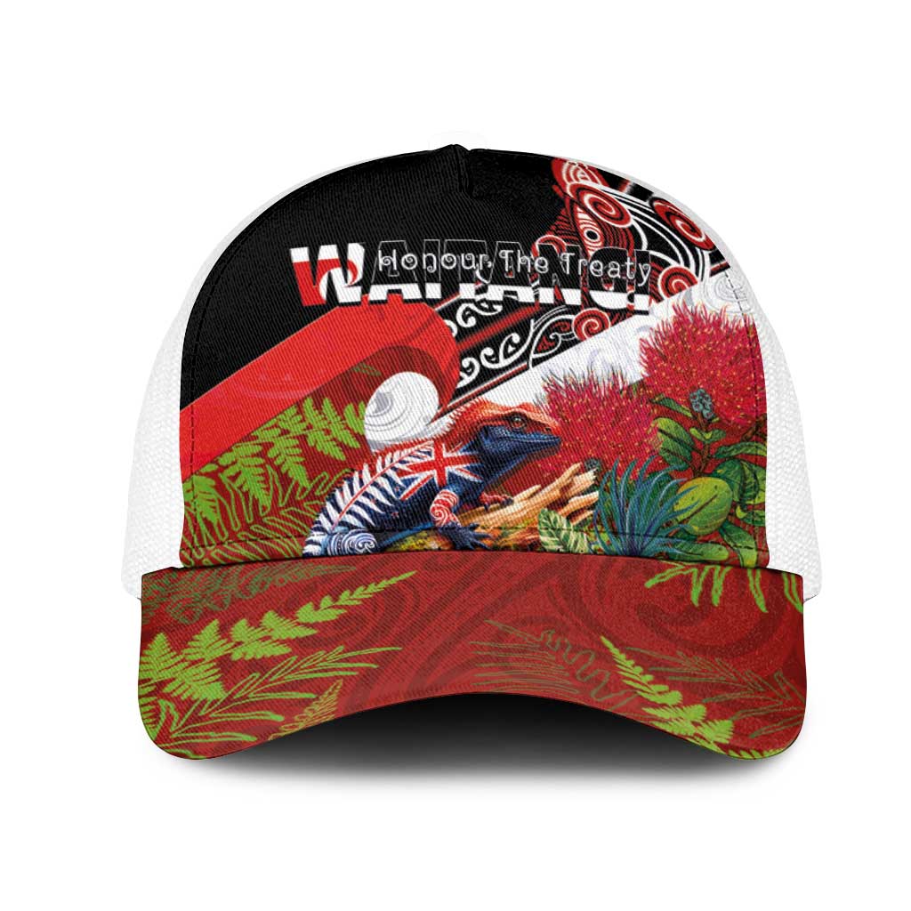 Aotearoa Toitu Te Tiriti Mesh Trucker Cap Waitangi-Honour The Treaty NZ Tuatara and Plants