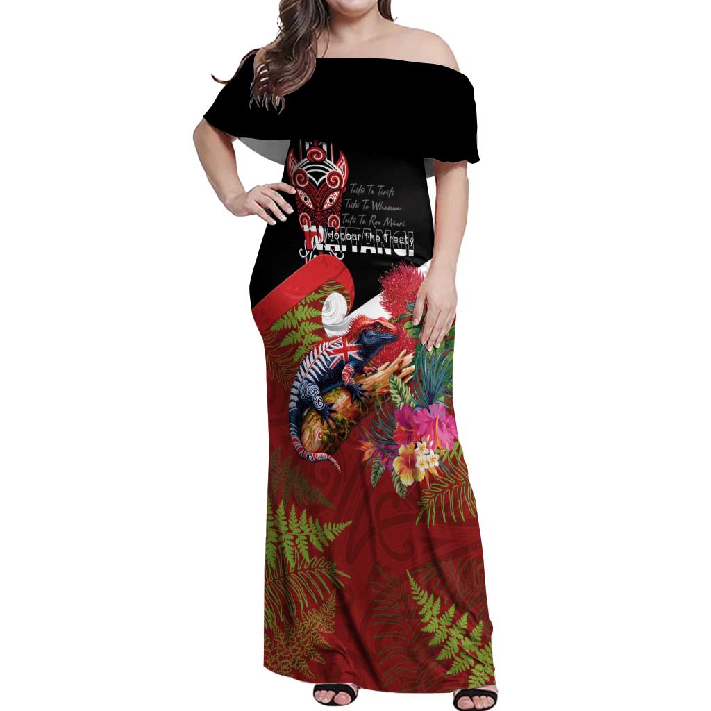 Aotearoa Toitu Te Tiriti Off Shoulder Maxi Dress Waitangi-Honour The Treaty NZ Tuatara and Plants