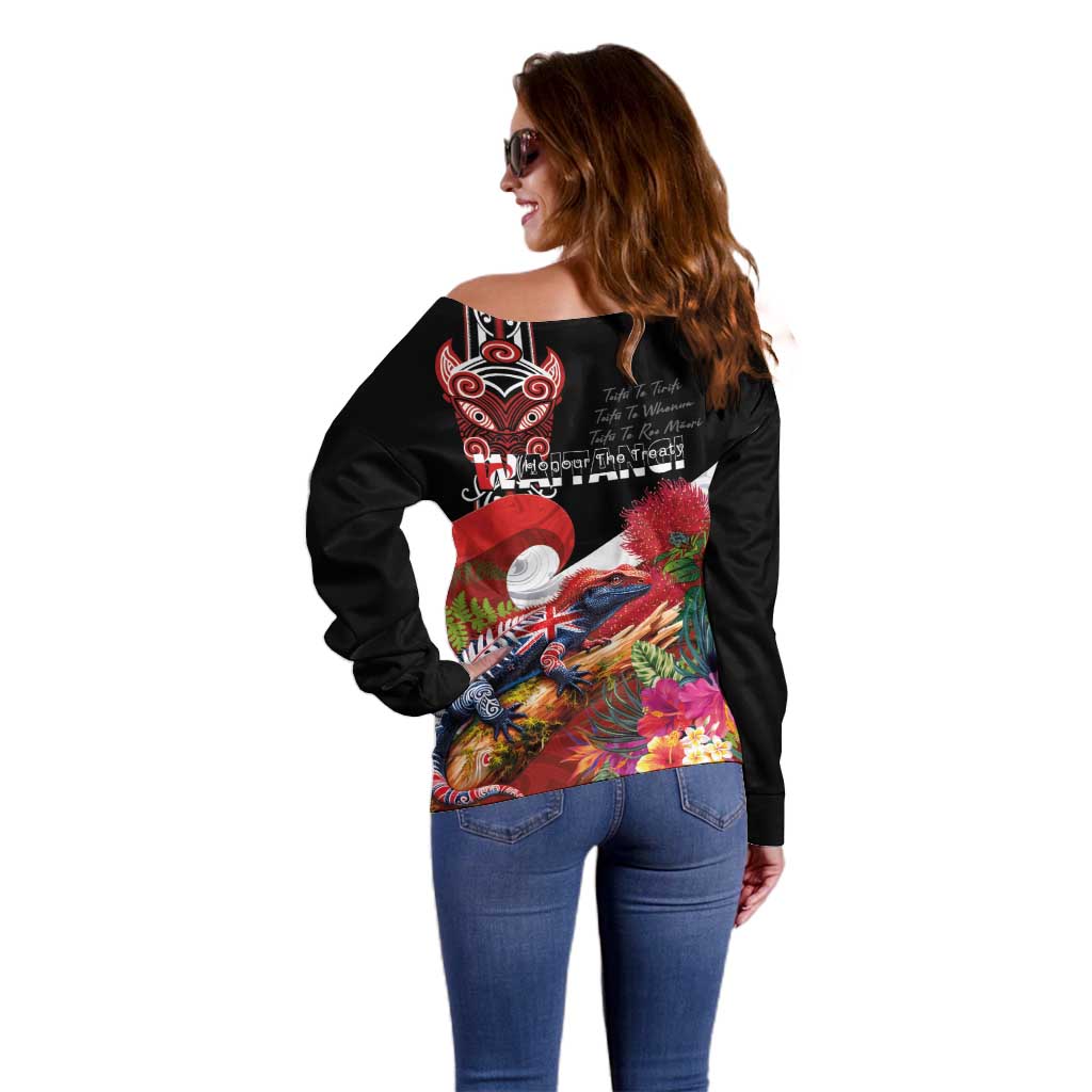 Aotearoa Toitu Te Tiriti Off Shoulder Sweater Waitangi-Honour The Treaty NZ Tuatara and Plants
