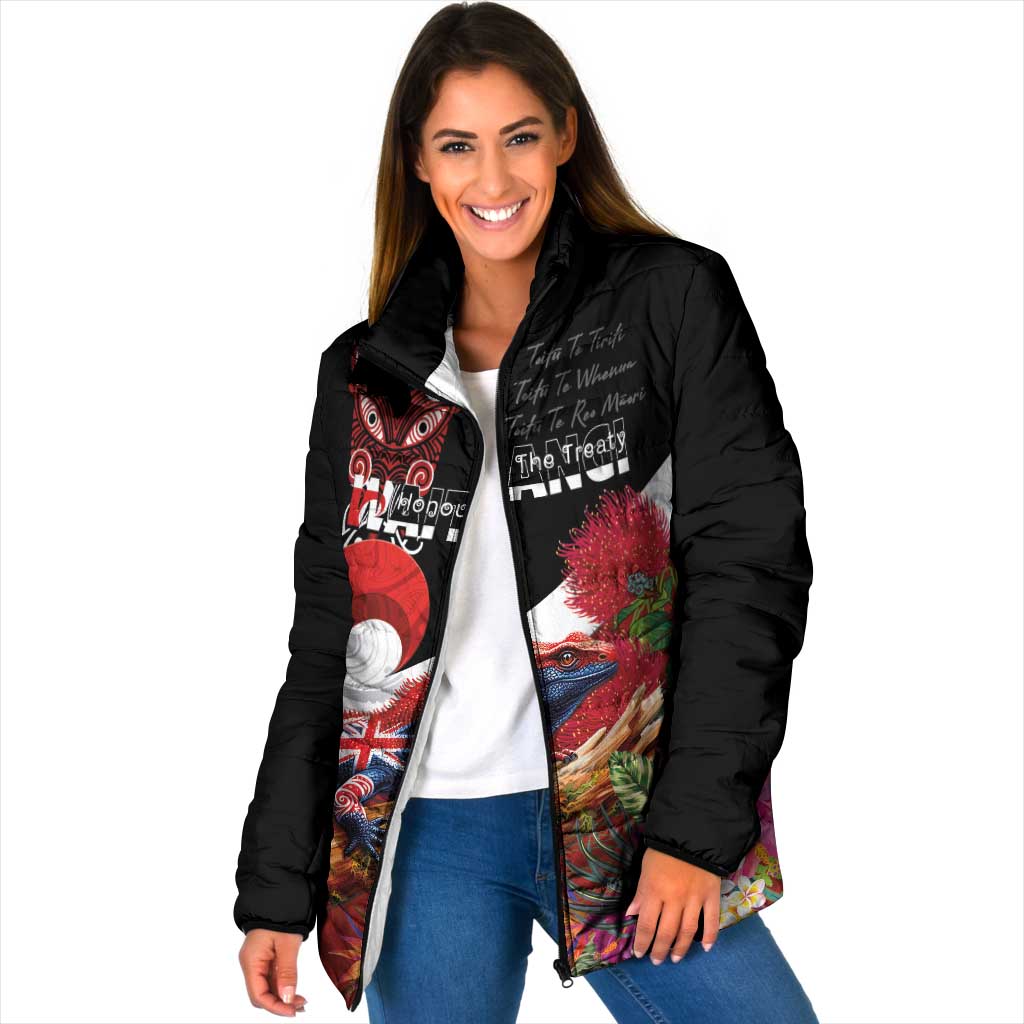 Aotearoa Toitu Te Tiriti Padded Jacket Waitangi-Honour The Treaty NZ Tuatara and Plants LT03 Women Multicolor - Polynesian Pride