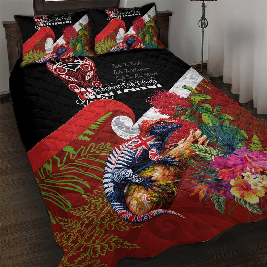 Aotearoa Toitu Te Tiriti Quilt Bed Set Waitangi-Honour The Treaty NZ Tuatara and Plants