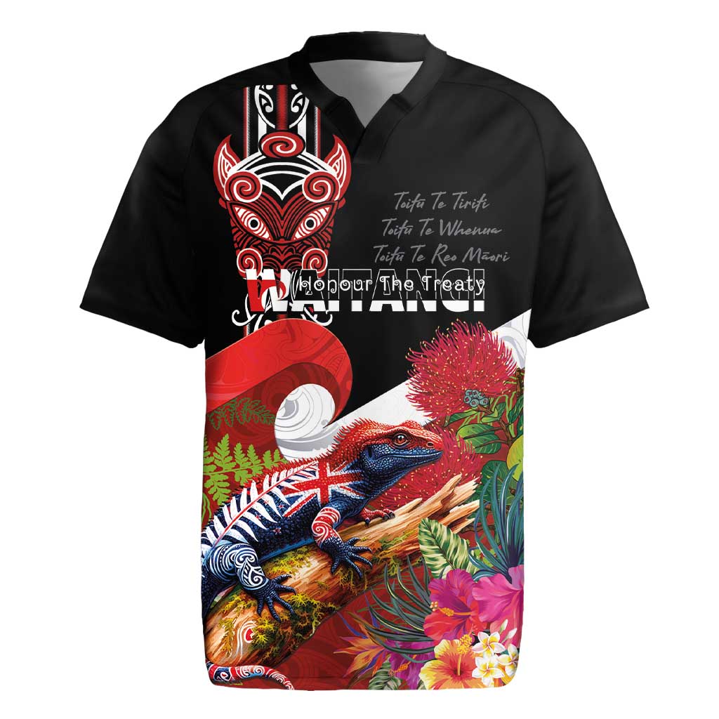 Aotearoa Toitu Te Tiriti Rugby Jersey Waitangi-Honour The Treaty NZ Tuatara and Plants