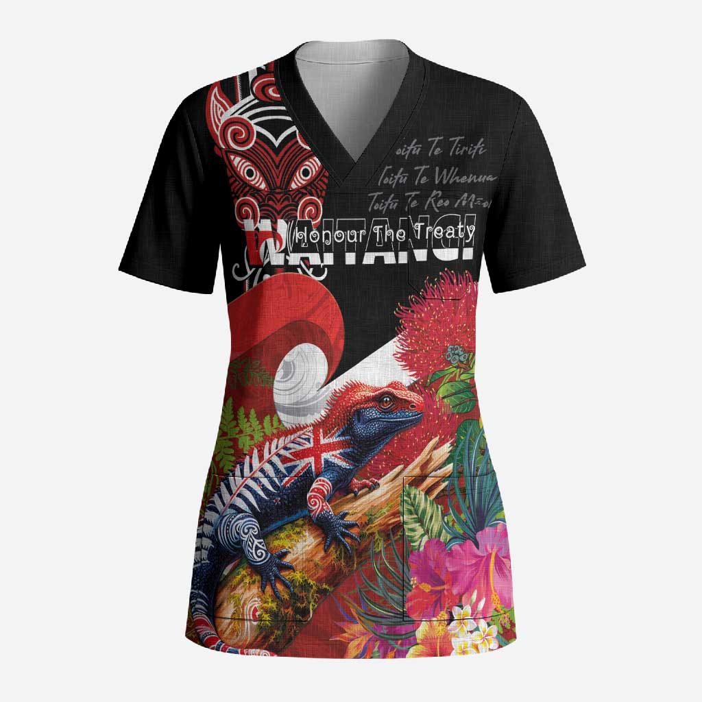 Aotearoa Toitu Te Tiriti Scrub Top Waitangi-Honour The Treaty NZ Tuatara and Plants