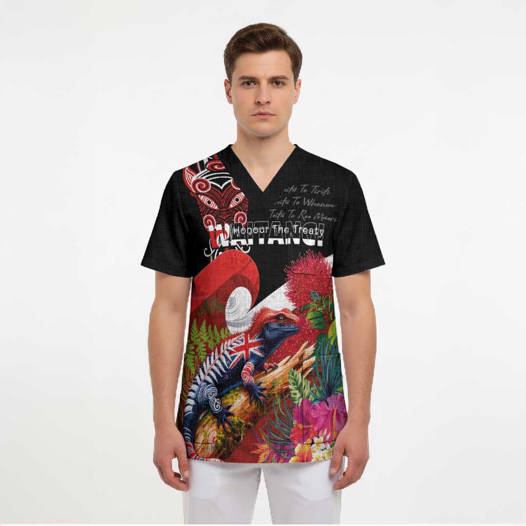 Aotearoa Toitu Te Tiriti Scrub Top Waitangi-Honour The Treaty NZ Tuatara and Plants