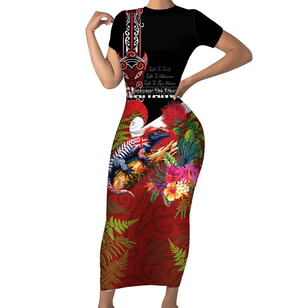 Aotearoa Toitu Te Tiriti Short Sleeve Bodycon Dress Waitangi-Honour The Treaty NZ Tuatara and Plants LT03 Long Dress Multicolor - Polynesian Pride