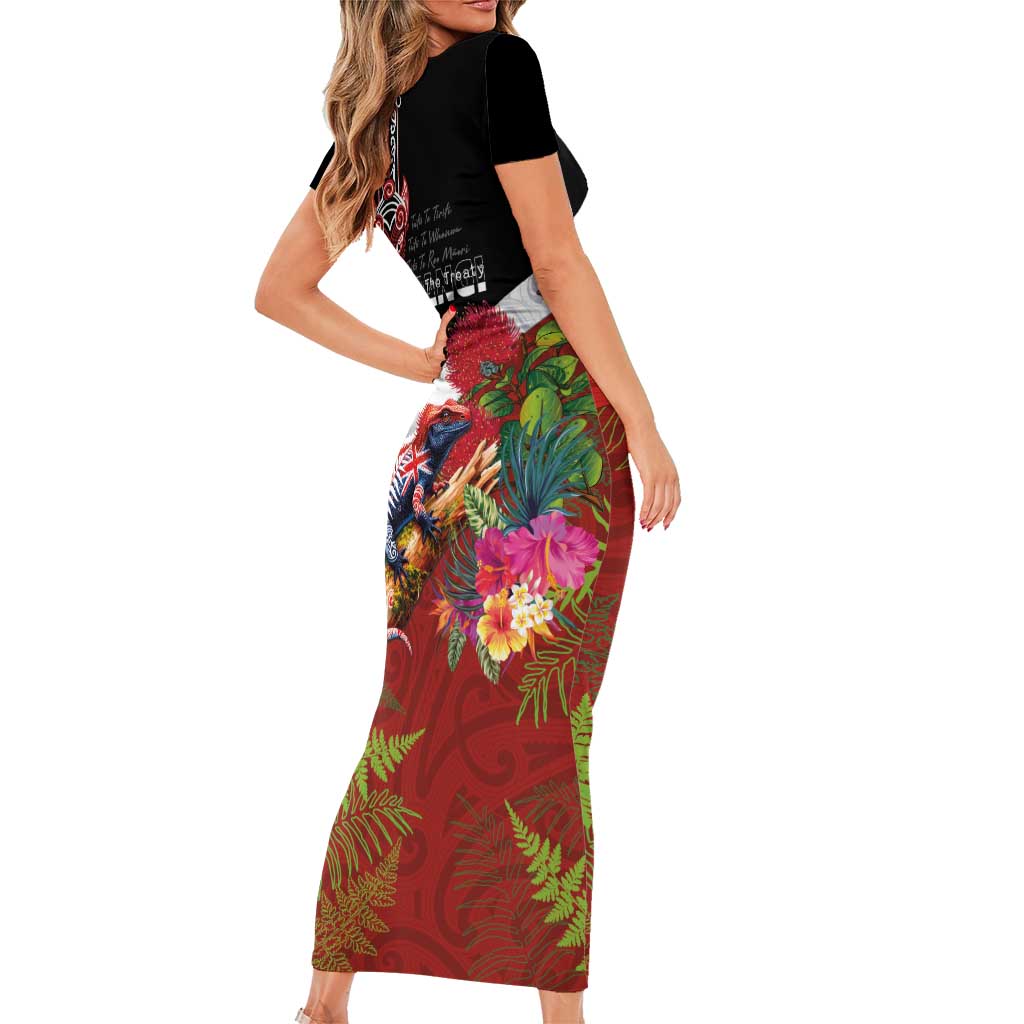 Aotearoa Toitu Te Tiriti Short Sleeve Bodycon Dress Waitangi-Honour The Treaty NZ Tuatara and Plants LT03 - Polynesian Pride