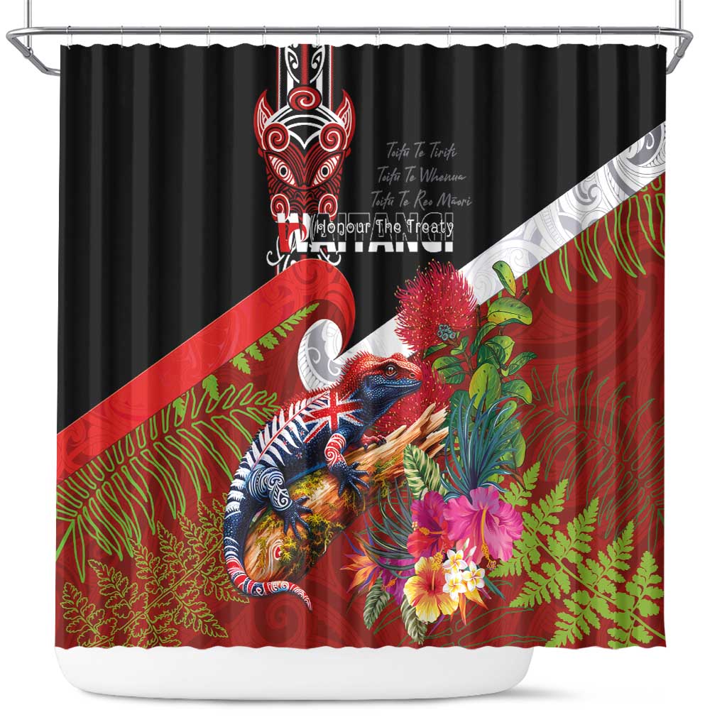 Aotearoa Toitu Te Tiriti Shower Curtain Waitangi-Honour The Treaty NZ Tuatara and Plants