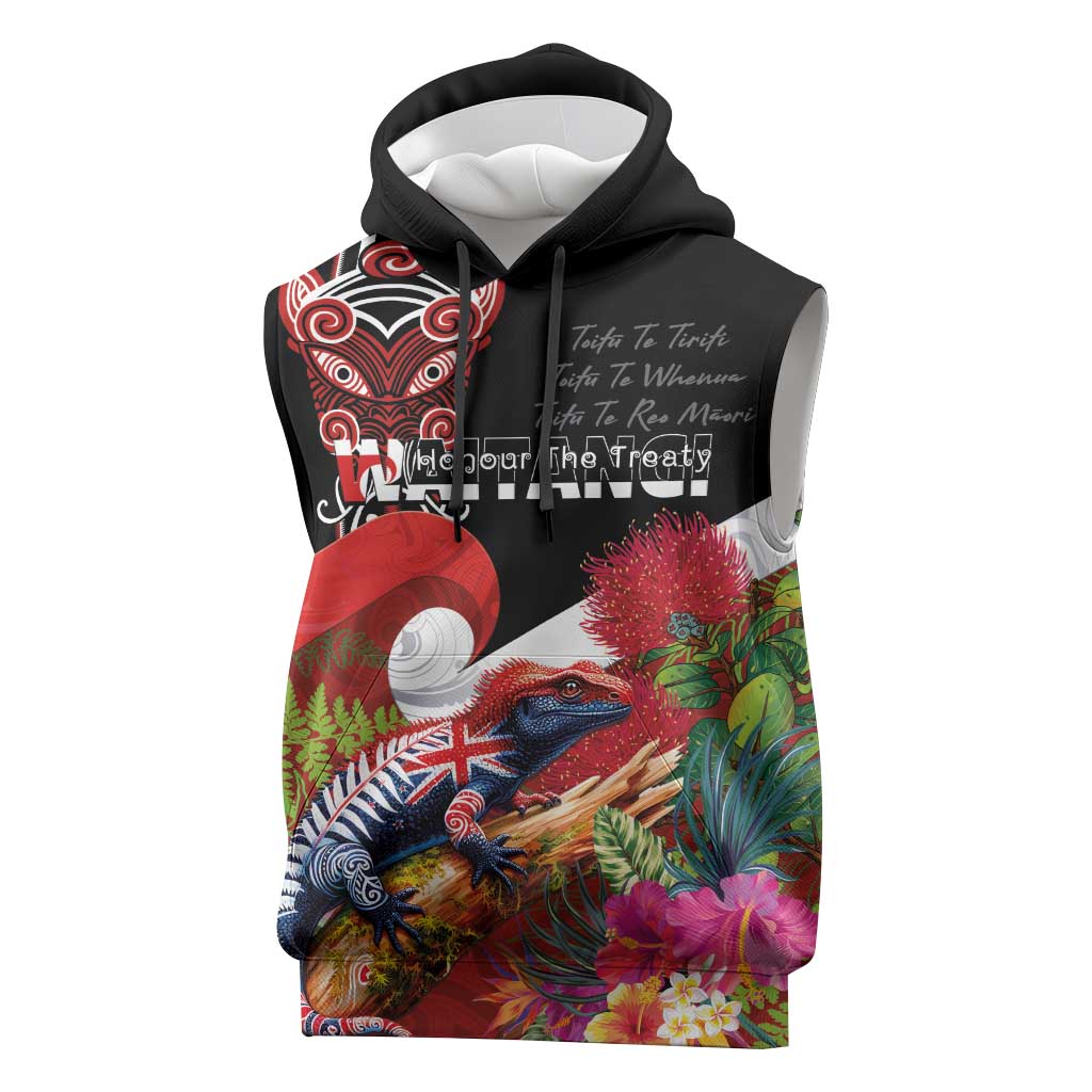 Aotearoa Toitu Te Tiriti Sleeveless Hoodie Waitangi-Honour The Treaty NZ Tuatara and Plants
