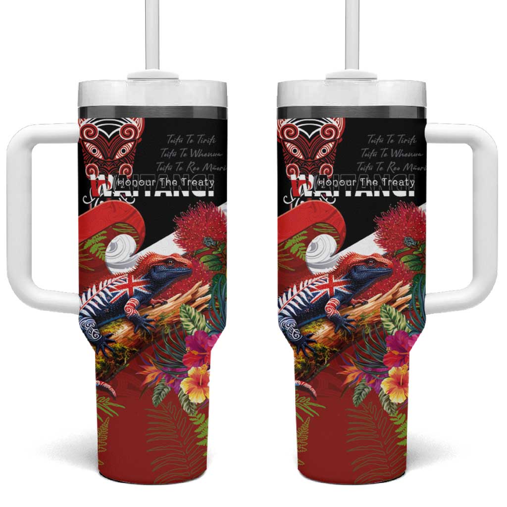 Aotearoa Toitu Te Tiriti Tumbler With Handle Waitangi-Honour The Treaty NZ Tuatara and Plants LT03 One Size: 40 oz Multicolor - Polynesian Pride
