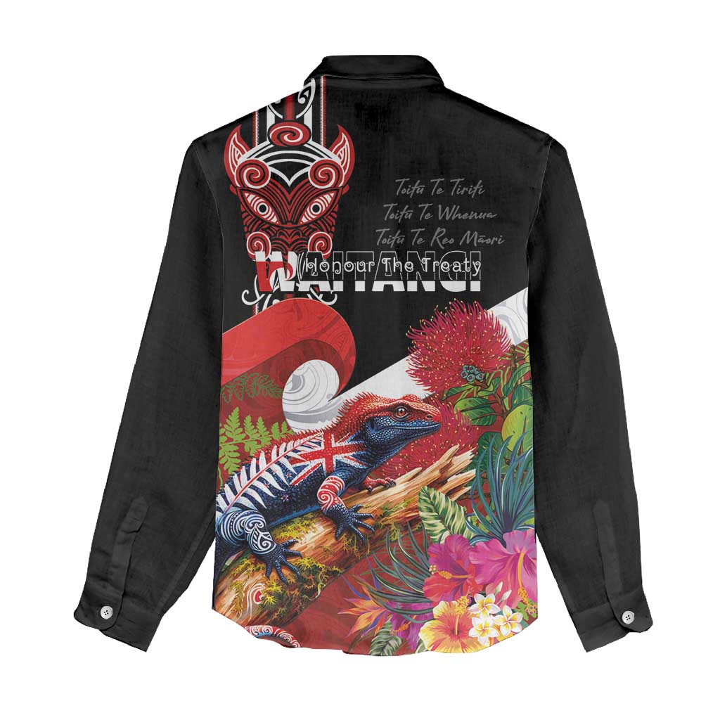 Aotearoa Toitu Te Tiriti Women Casual Shirt Waitangi-Honour The Treaty NZ Tuatara and Plants LT03 - Polynesian Pride