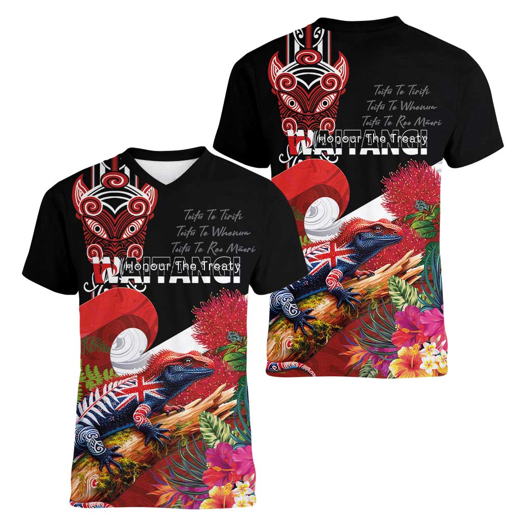 Aotearoa Toitu Te Tiriti Women V-Neck T-Shirt Waitangi-Honour The Treaty NZ Tuatara and Plants LT03 - Polynesian Pride