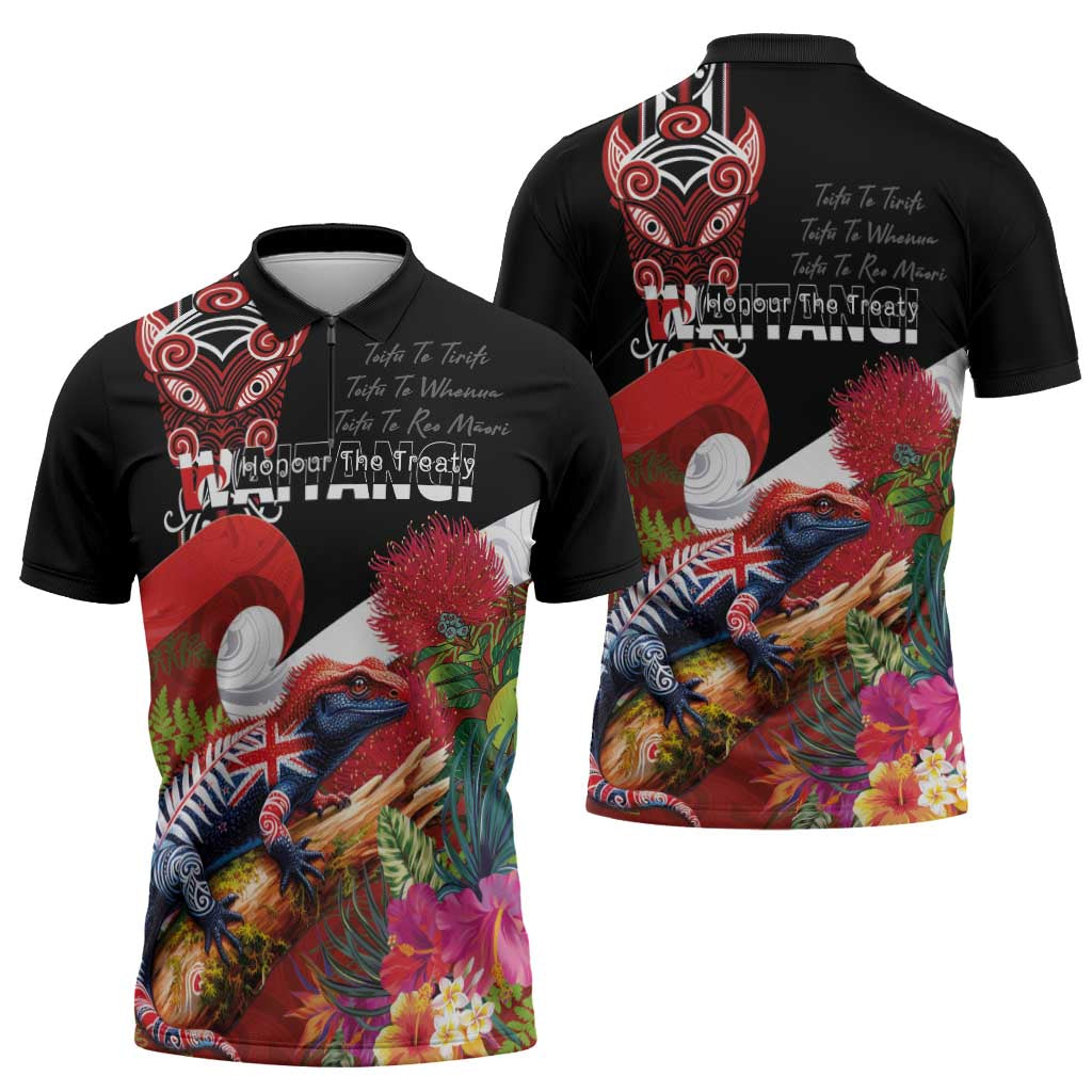 Aotearoa Toitu Te Tiriti Zipper Polo Shirt Waitangi-Honour The Treaty NZ Tuatara and Plants LT03 - Polynesian Pride