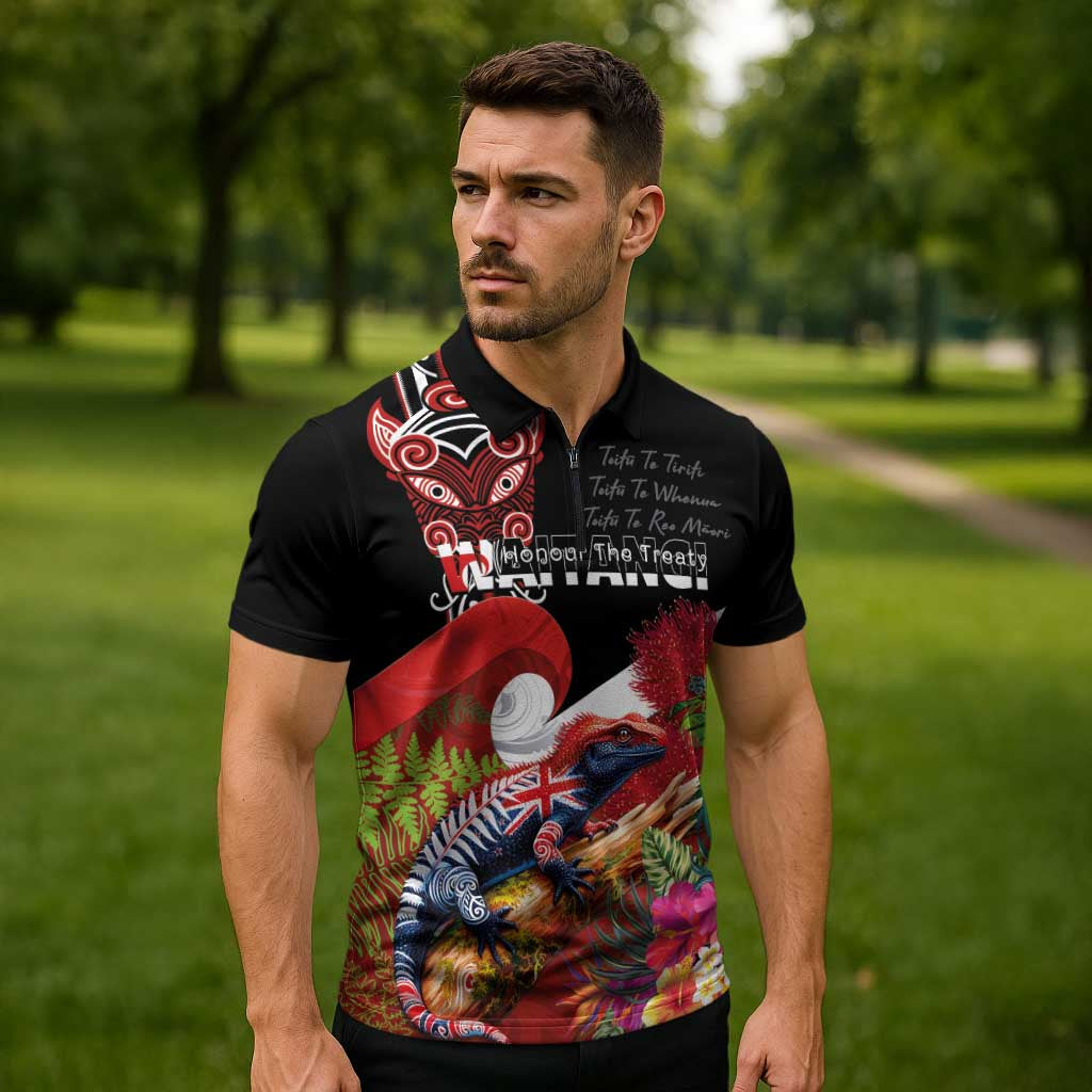Aotearoa Toitu Te Tiriti Zipper Polo Shirt Waitangi-Honour The Treaty NZ Tuatara and Plants LT03 - Polynesian Pride